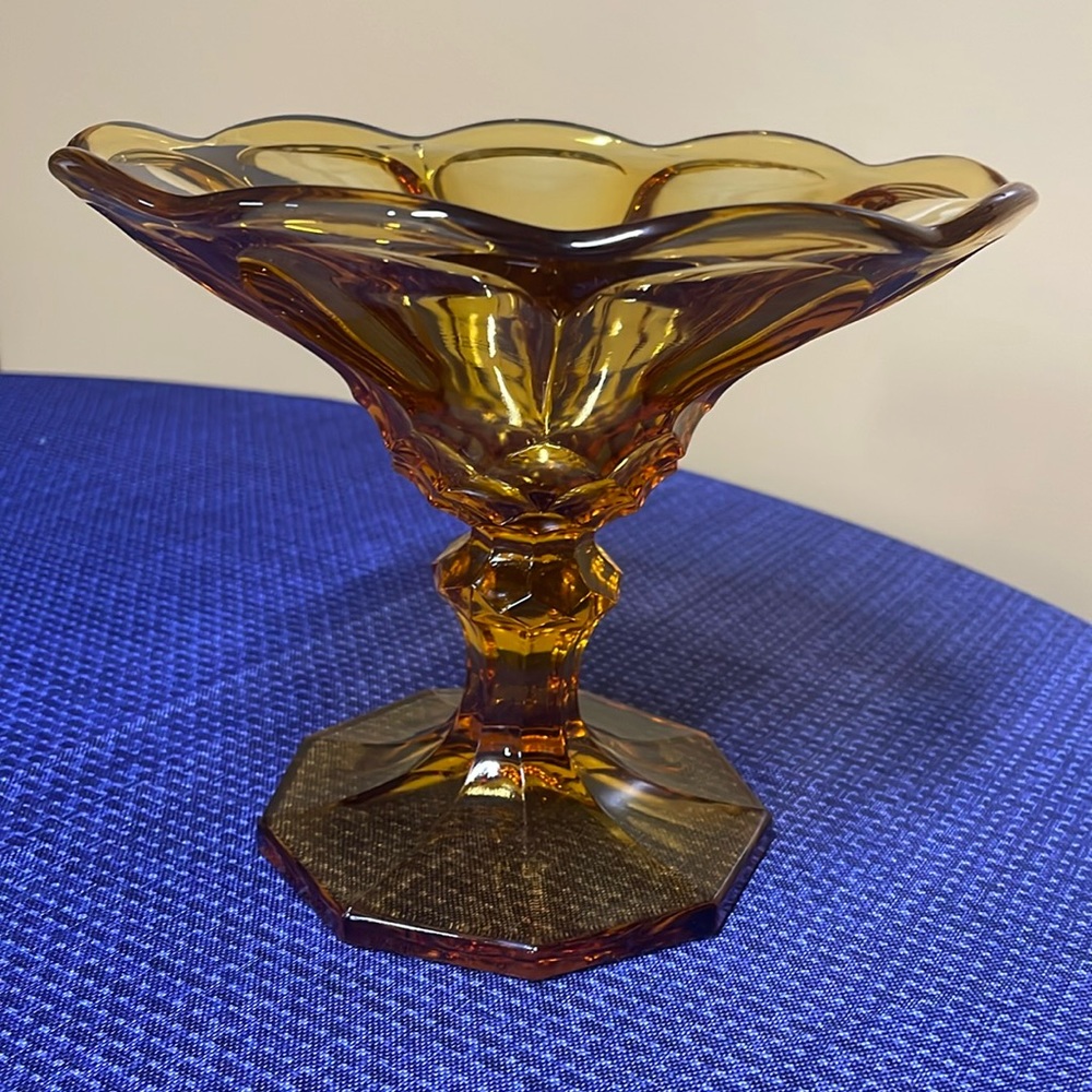 L.E. Smith Amber Glass 6.5" Tall Pedestal Compote Dish Large Thumbprint Pattern